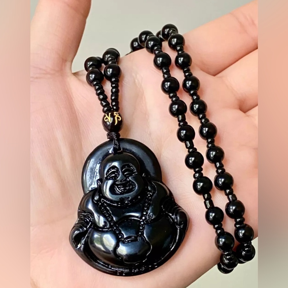 Obsidian Stone Buddha Beads Chain Necklace Jade Buddhism
